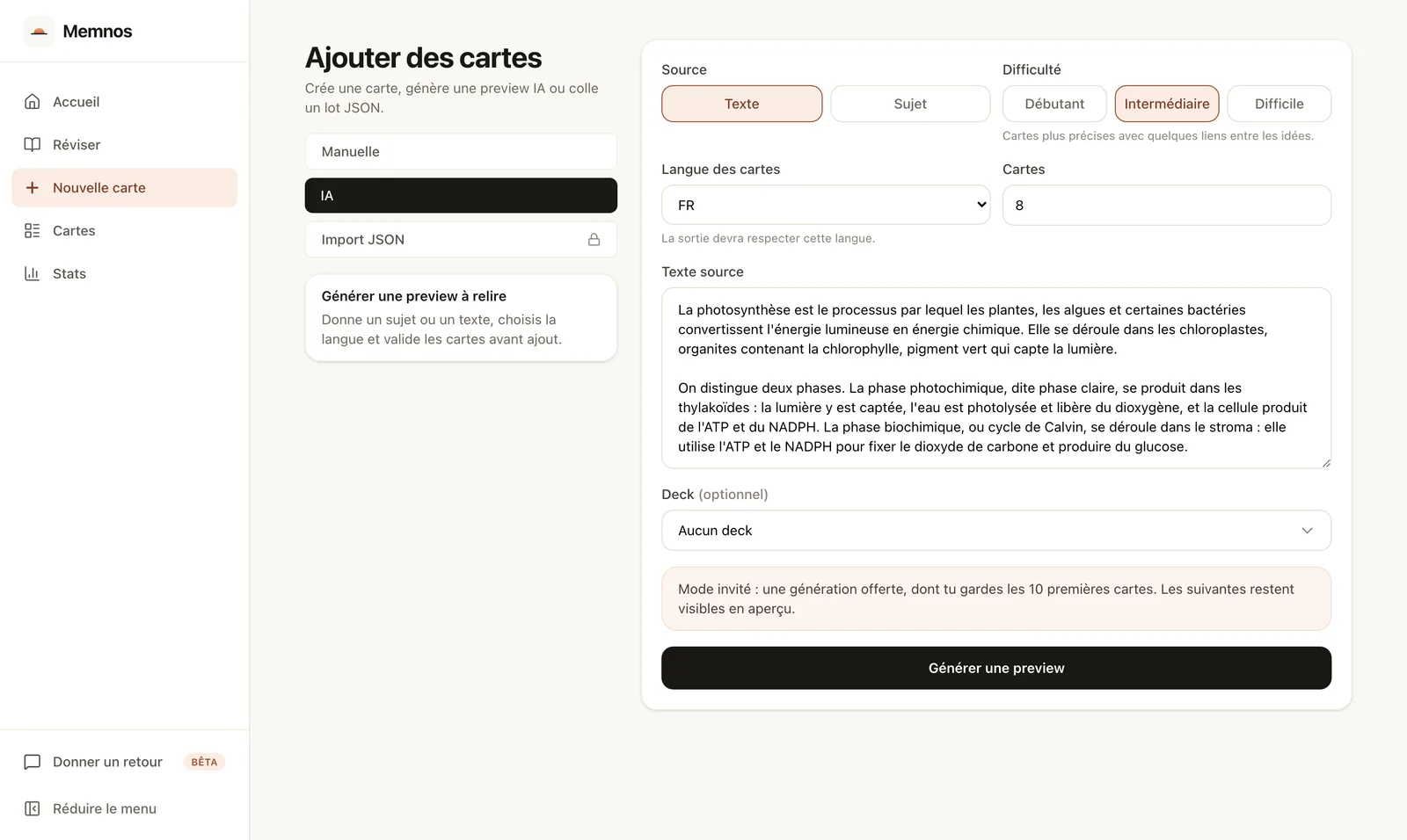 L’écran d’ajout de cartes : trois sources au choix, manuelle, IA ou import JSON, et pour la génération, le texte source collé, la langue, le niveau de difficulté et le nombre de cartes à produire.